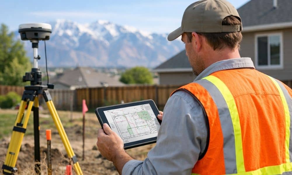 Surveyor reviewing boundary information and property easements on a residential lot