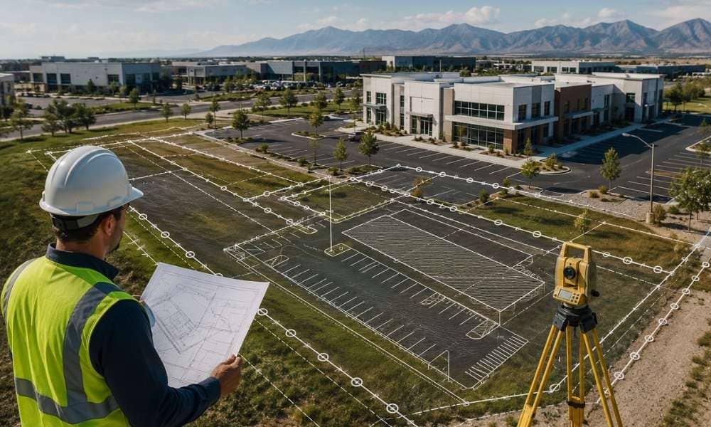 A surveyor reviews a commercial property with an ALTA survey overlay showing property boundaries, buildings, parking areas, and other features included in Table A requirements