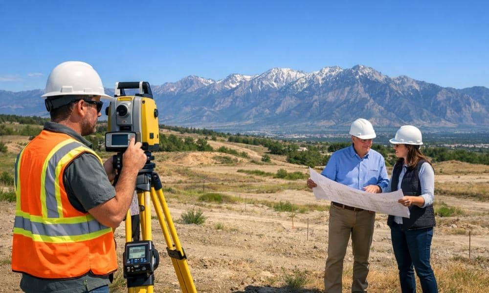 Land surveyor performing a topographic survey while architects review site plans before designing a construction project