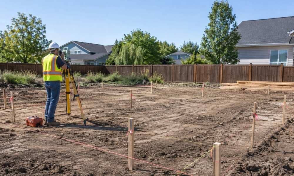 Surveyor checking the building layout before construction begins