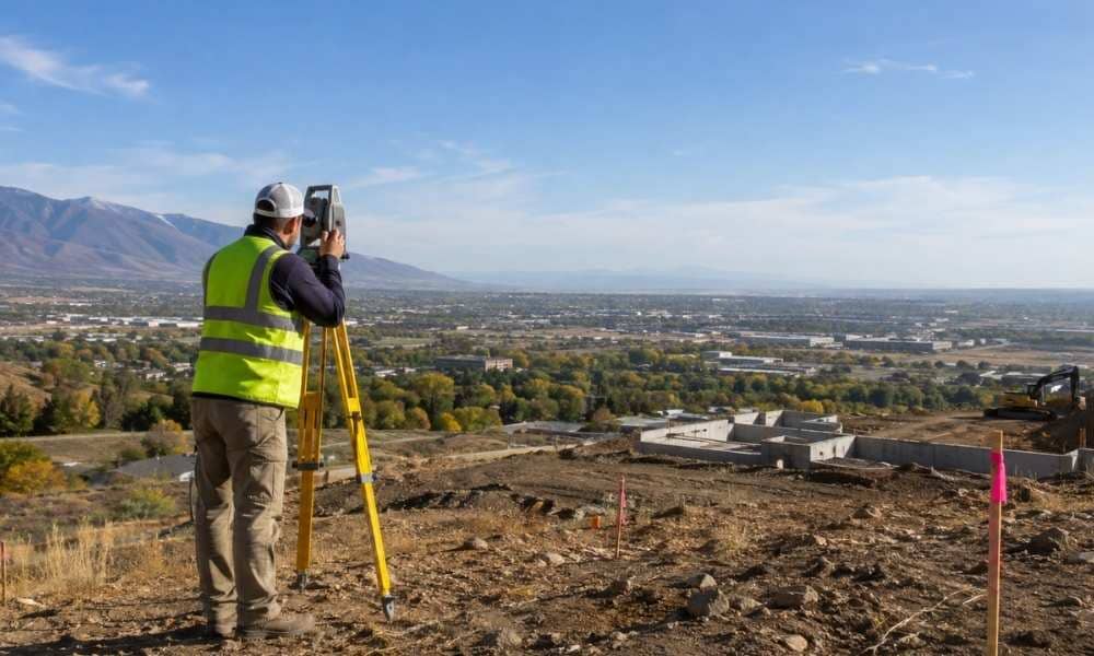Land surveyor conducting a topo survey in Salt Lake City on a sloped construction site