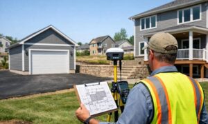 A surveyor reviews an existing land survey while verifying current property conditions before a renovation