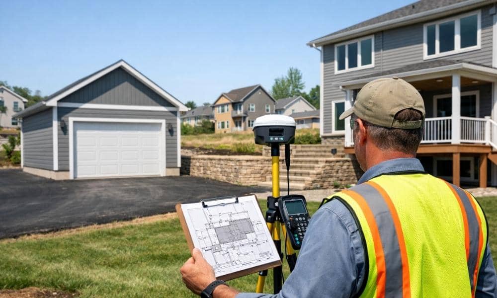 A surveyor reviews an existing land survey while verifying current property conditions before a renovation