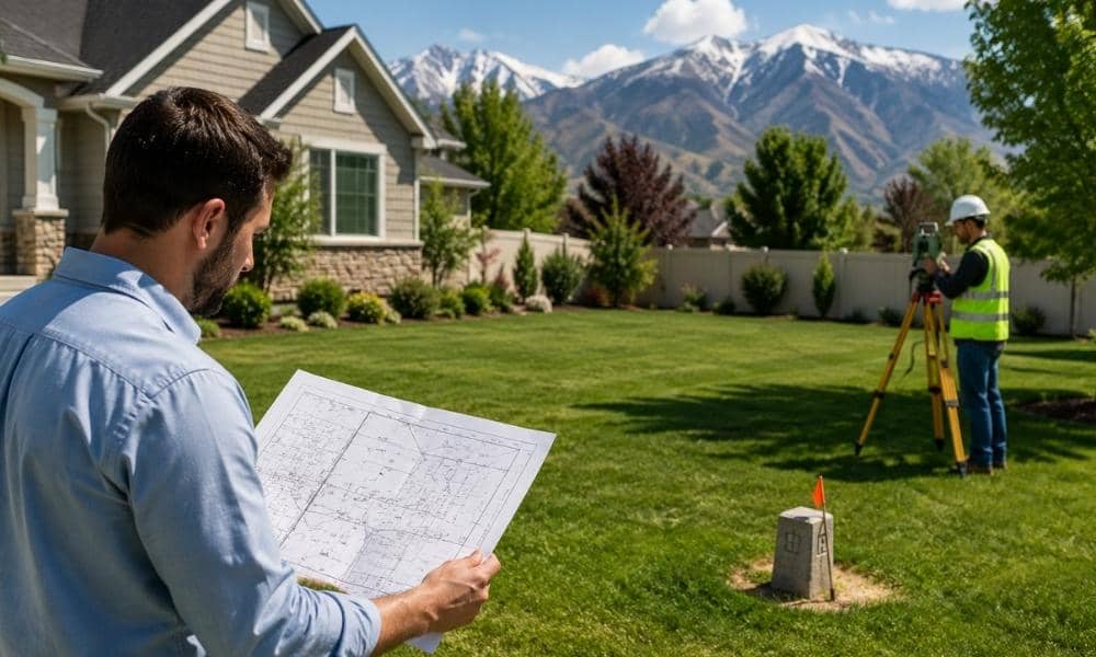 Homeowner reviewing a land survey while a surveyor verifies property boundaries at a residential property