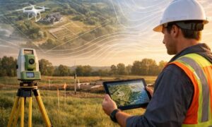A land surveyor in the field using a tablet and surveying equipment while reviewing drone mapping and topographic data to understand different types of land surveys