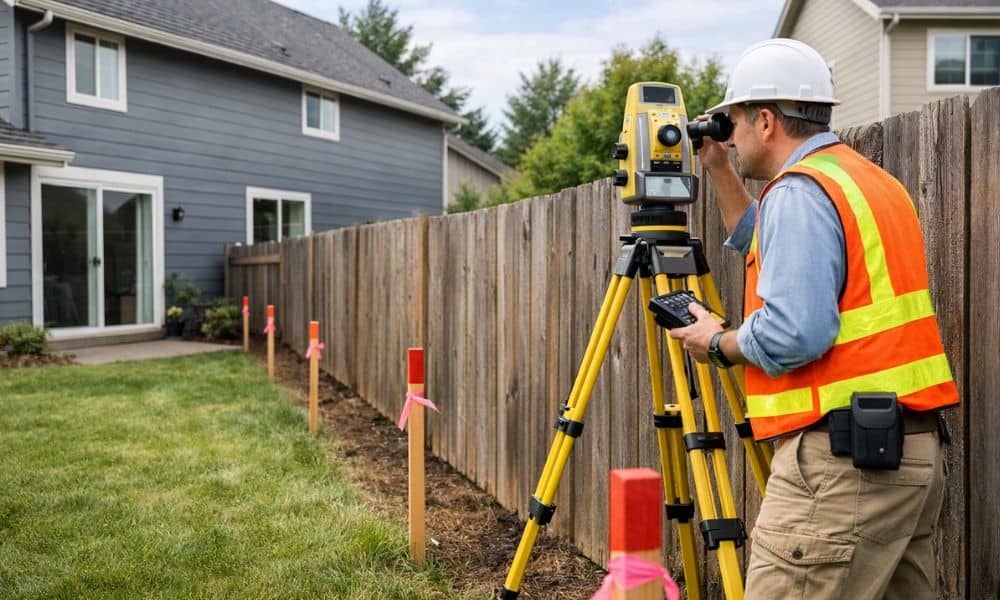 A licensed land surveyor conducting a boundary survey along a wooden fence separating two residential properties