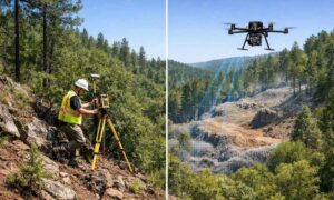 Comparison of drone LiDAR mapping and traditional topographic surveying on a steep, wooded property with a ground surveyor and survey drone
