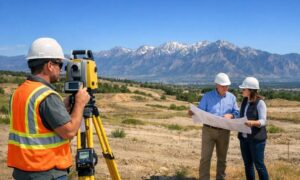Land surveyor performing a topographic survey while architects review site plans before designing a construction project
