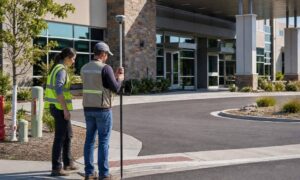 Surveyors review a commercial property during an ALTA survey for a lender’s closing requirements