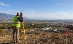 Land surveyor conducting a topo survey in Salt Lake City on a sloped construction site